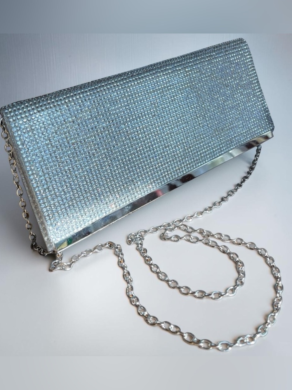 Silver Rhinestone Evening Clutch Bag with Chain Strap Glam Formal Purse